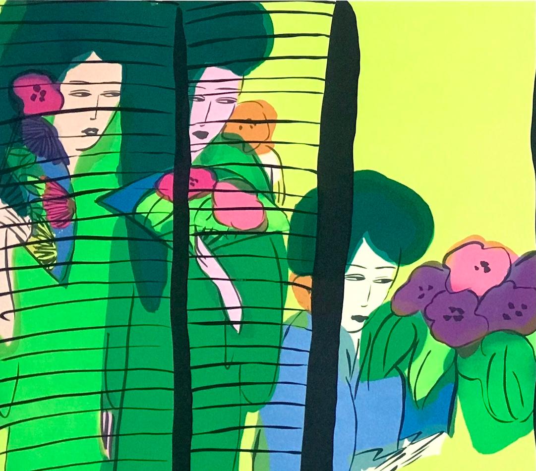 FIVE GEISHA WITH FANS - Écran de lithographie de femmes asiatiques en jaune citron signé - Contemporain Print par Walasse Ting