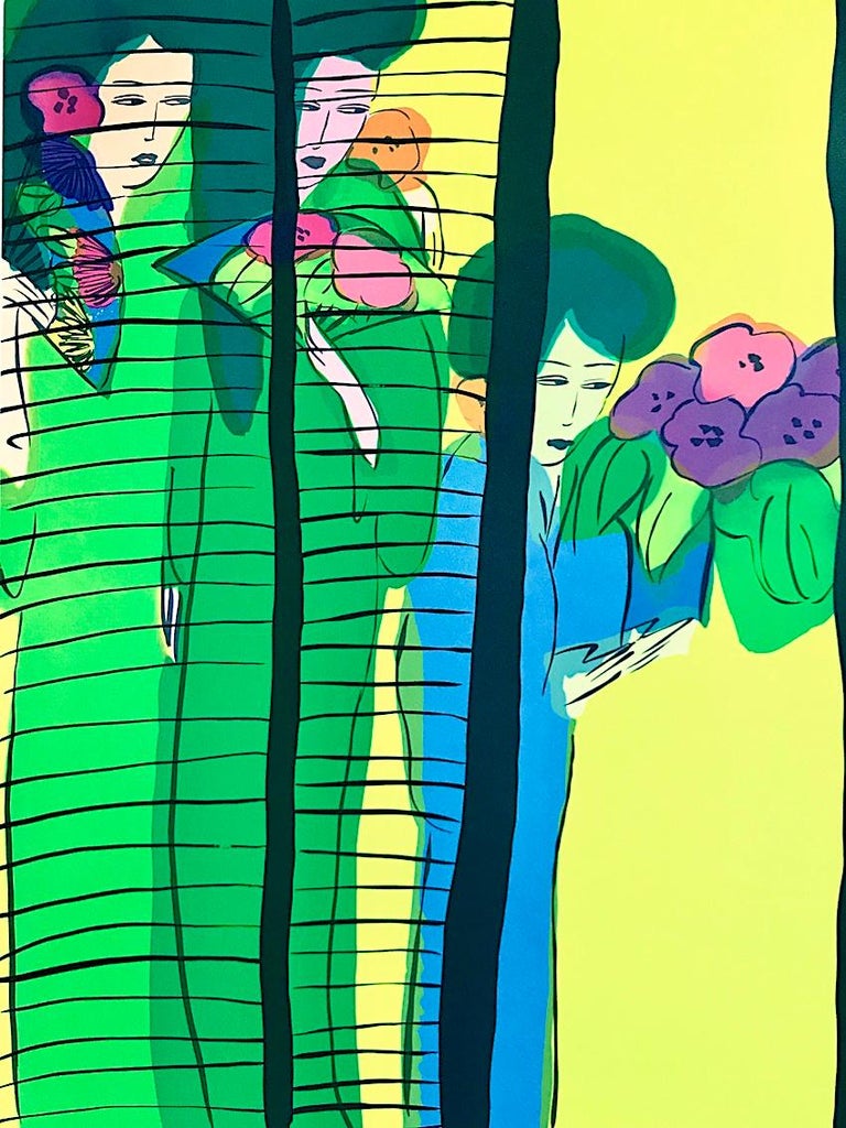 FIVE GEISHA WITH FANS Signed Lithograph Asian Women Shoji Screen, Lime Yellow - Contemporary Print by Walasse Ting
