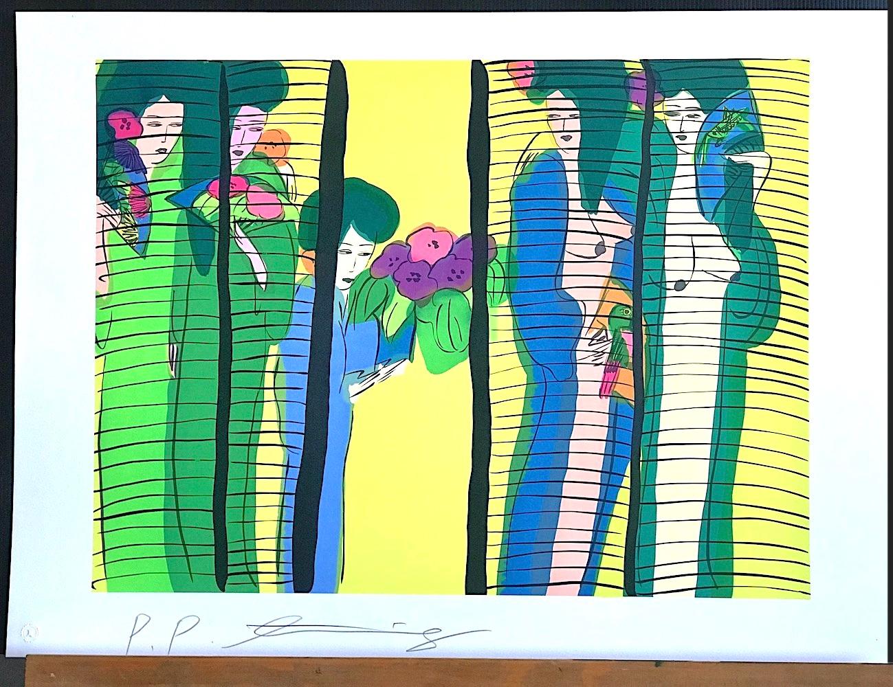 FIVE GEISHA WITH FANS - Écran de lithographie de femmes asiatiques en jaune citron signé en vente 3