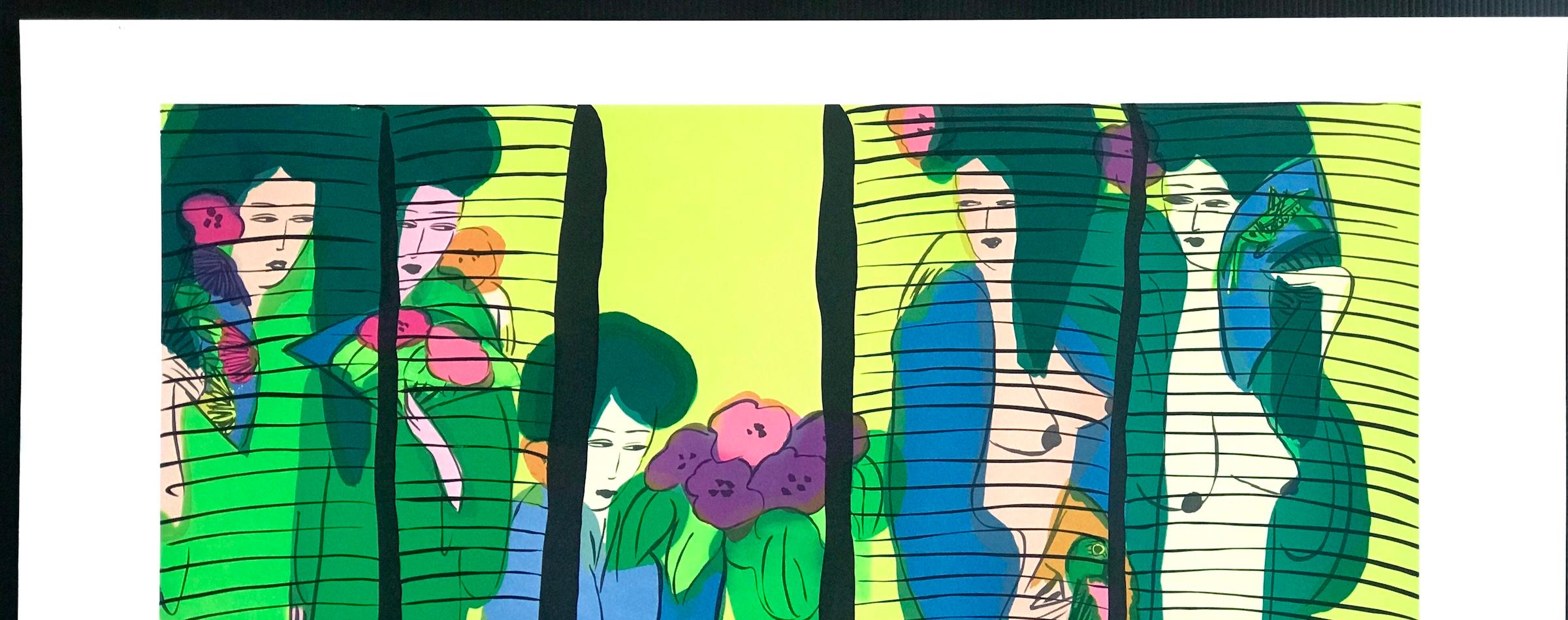 FIVE GEISHA WITH FANS - Écran de lithographie de femmes asiatiques en jaune citron signé en vente 1