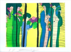 CINQUE GEISHA CON TIFOSI Litografia firmata Donne Asiatiche Schermo Shoji, Giallo Lime