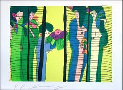 FIVE GEISHA WITH FANS Signed Lithograph Asian Women Shoji Screen, Lime Yellow