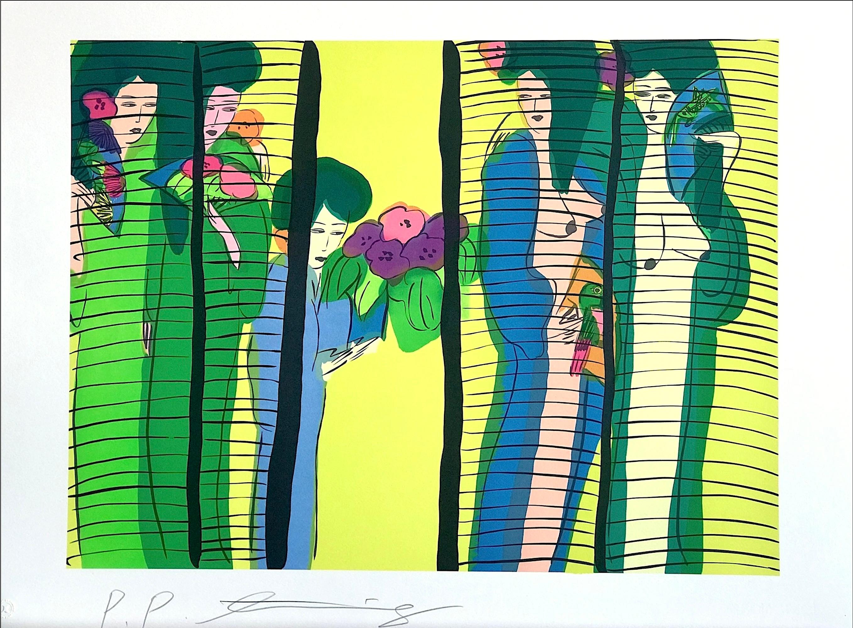 Interior Print Walasse Ting - FIVE GEISHA WITH FANS - Écran de lithographie de femmes asiatiques en jaune citron signé