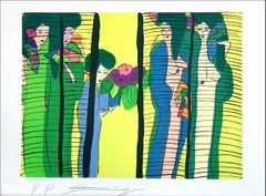 FIVE GEISHA WITH FANS - Écran de lithographie de femmes asiatiques en jaune citron signé