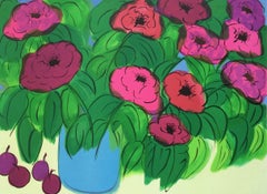 FLOWER BLOSSOMS, LIGHT BLUE VASE Signed Lithograph, Magenta, Pink, Red, Green