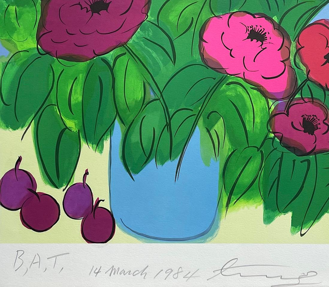 FIORI, VASO AZZURRO Litografia firmata, Magenta, Rosa, Rosso, Verde in vendita 1