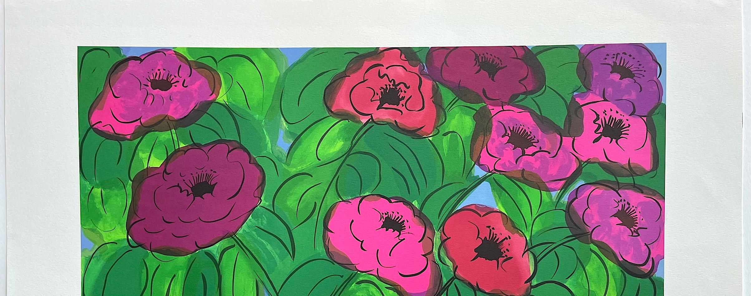 FIORI, VASO AZZURRO Litografia firmata, Magenta, Rosa, Rosso, Verde in vendita 2