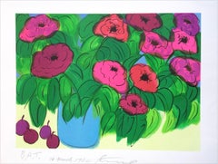 Vintage FLOWER BLOSSOMS, LIGHT BLUE VASE Signed Lithograph, Magenta, Pink, Red, Green