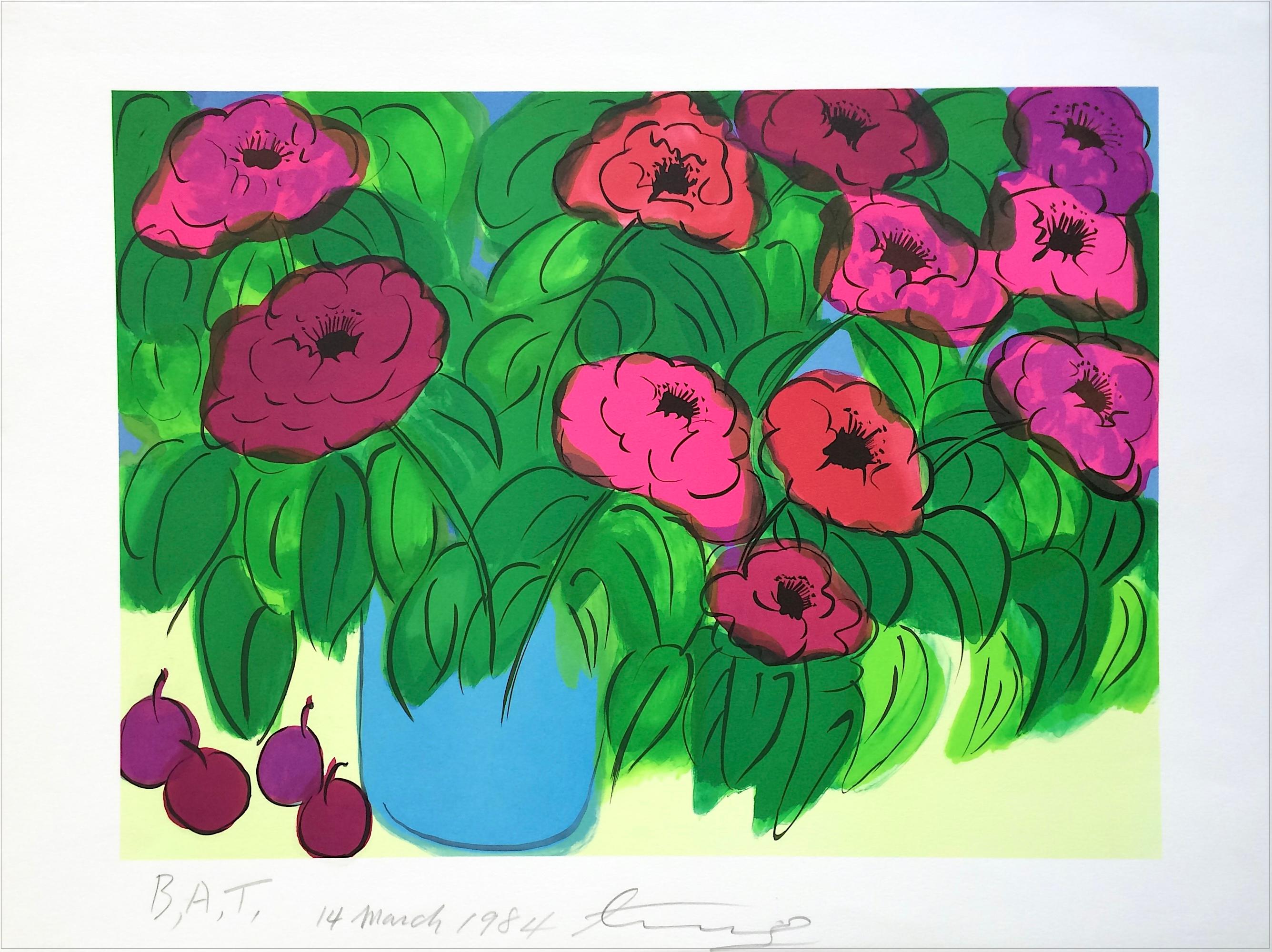FLOWER BLOSSOMS, LIGHT BLUE VASE Signed Lithograph, Magenta, Pink, Red, Green