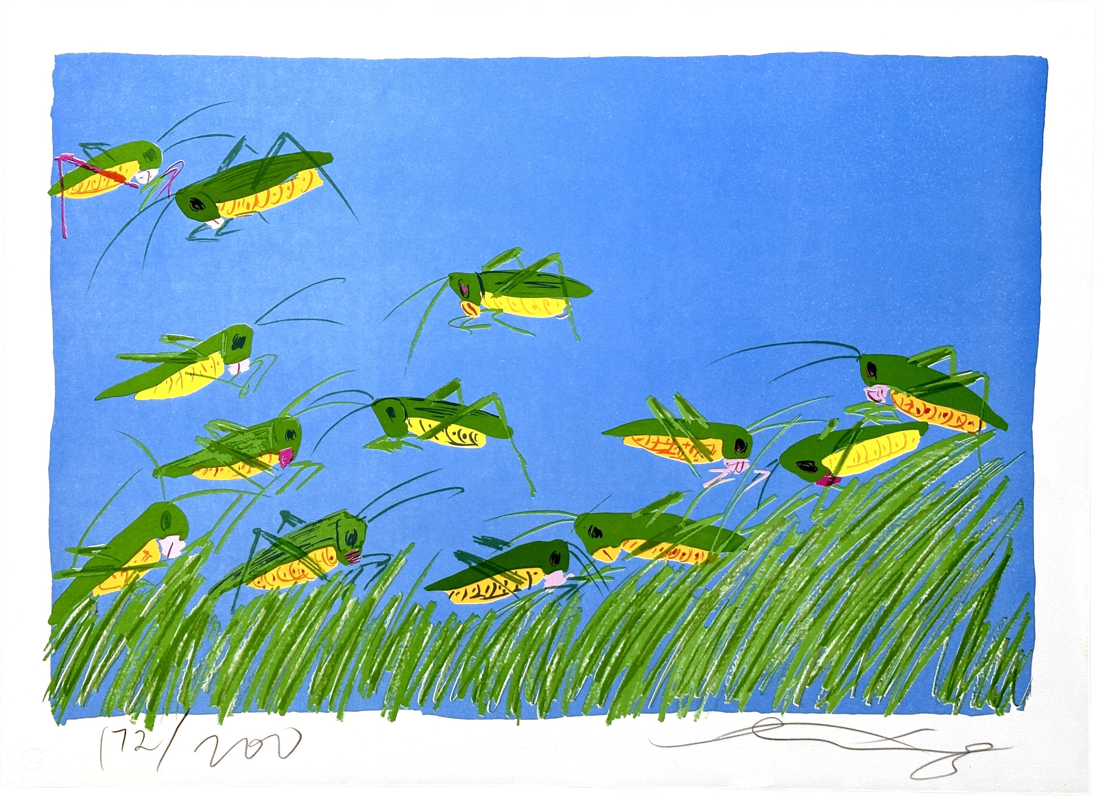 Walasse Ting Animal Print - Grasshoppers 1981 Lithograph on Arches Archival Paper