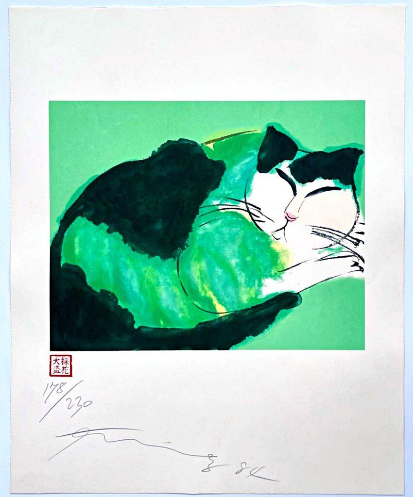 Walasse Ting Animal Print - Green Cat, etching and aquatint, pencil signed & numbered, rarely seen in market