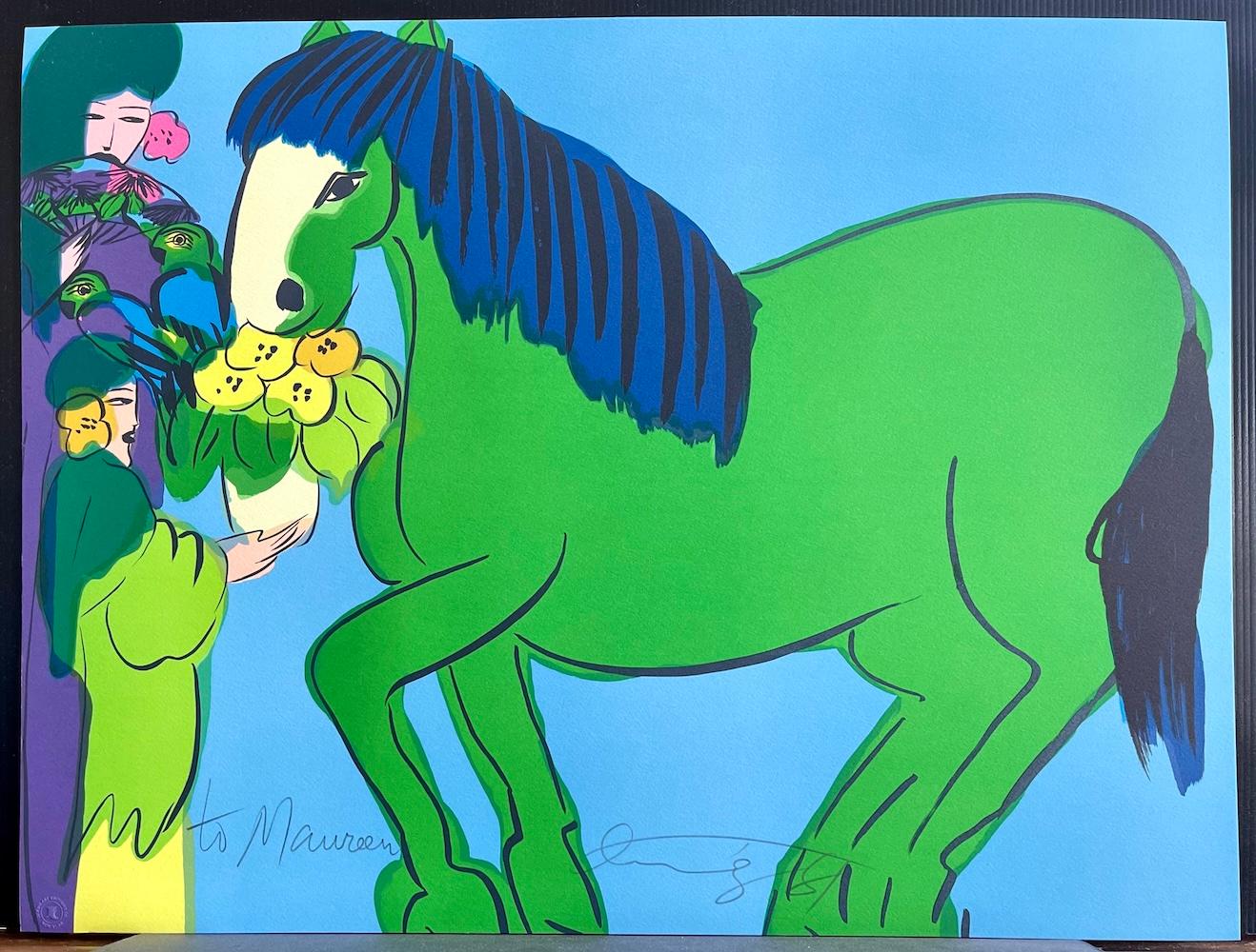 GREEN HORSE, TWO GEISHAS Signierte Lithographie, asiatische Frauen, Fächer, Papageien, Blumen im Angebot 3