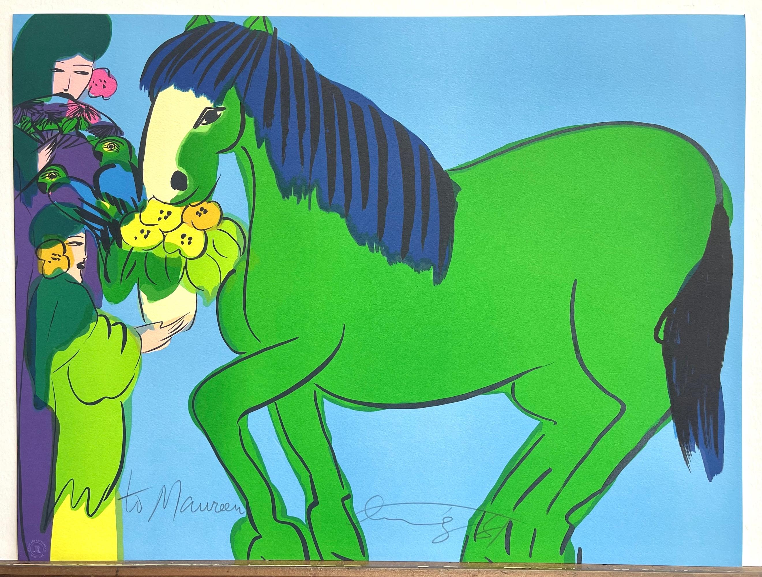 GREEN HORSE, TWO GEISHAS is an original lithograph printed using hand drawn lithography techniques on archival Somerset printmaking paper, 100% acid free, by the renowned Chinese born artist Walasse Ting (DING XIONGQUAN, Chinese, 1929-2010). Ting's
