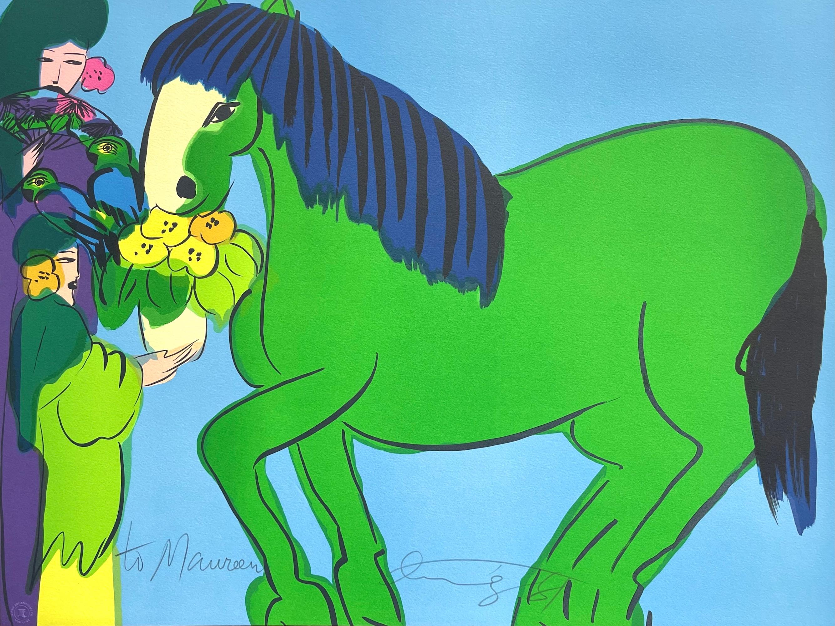 GREEN HORSE, TWO GEISHAS Signed Lithograph, Asian Women, Fan, Parrots, Flowers