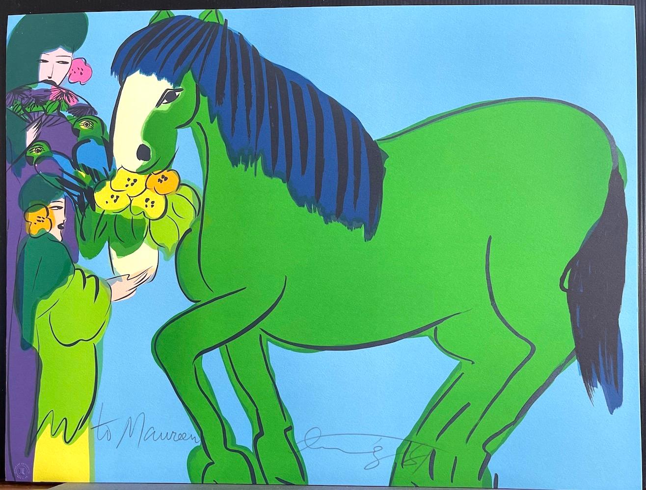 GREEN HORSE, TWO GEISHAS Signed Lithograph, Asian Women, Parrots, Flowers - Contemporary Print by Walasse Ting