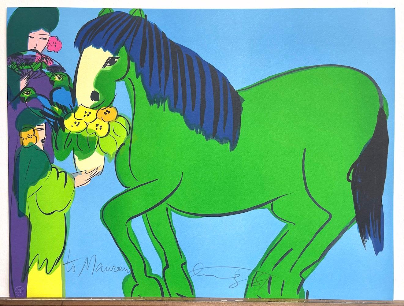 GREEN HORSE, TWO GEISHAS ist eine Originallithografie des renommierten chinesischen Künstlers Walasse Ting (DING XIONGQUAN, Chinese, 1929-2010), die in handgezeichneter Lithografietechnik auf 100% säurefreiem Somerset-Papier gedruckt wurde. Tings