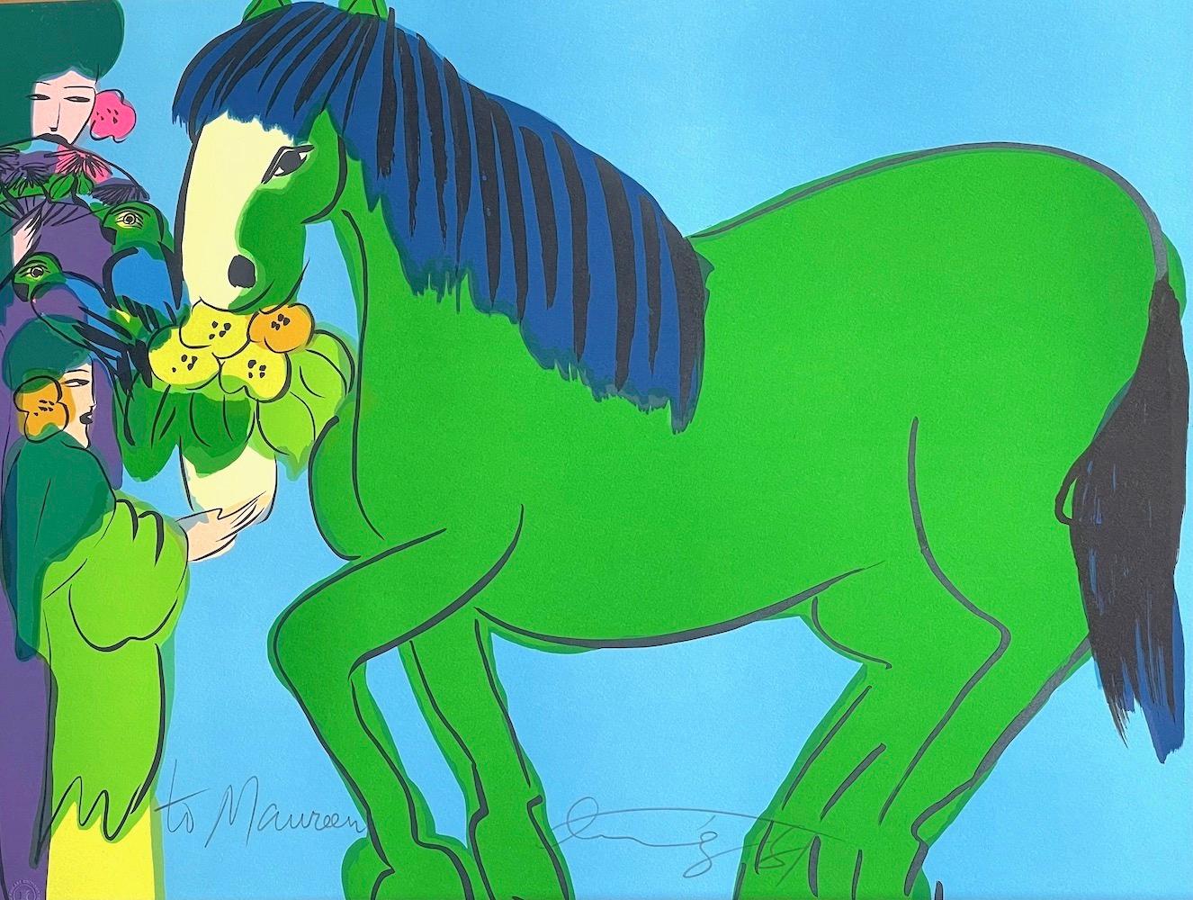 Walasse Ting Animal Print – GREEN HORSE, TWO GEISHAS Signierte Lithographie, asiatische Frauen, Papageien, Blumen