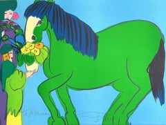 CABALLO VERDE, DOS GEISHAS Litografía firmada, Mujeres asiáticas, abanico, loros, flores