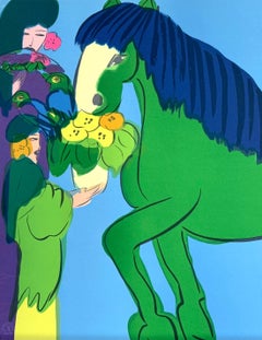 GREEN HORSE, TWO GEISHAS Signed Lithograph, Colorful Asian Women Parrots Flowers