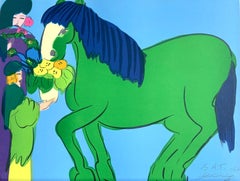 GREEN HORSE, TWO GEISHAS Signed Lithograph, Colorful Asian Women Parrots Flowers