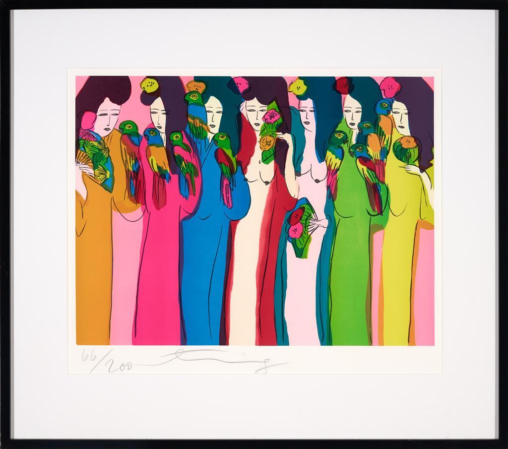 Les dames dans une rangée
Lithographie, éd. 66/200, publiée par 1982
Taille de l'image : 45 x 60 cm 
taille du cadre : 75 x 85 x 4 cm
Gallary encadré, sous arclye
signé en en inférieur en gauche