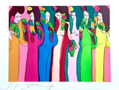 LADIES WITH PARROTS Signed Lithograph, Asian Women, Multicolor Parrots, Kimonos