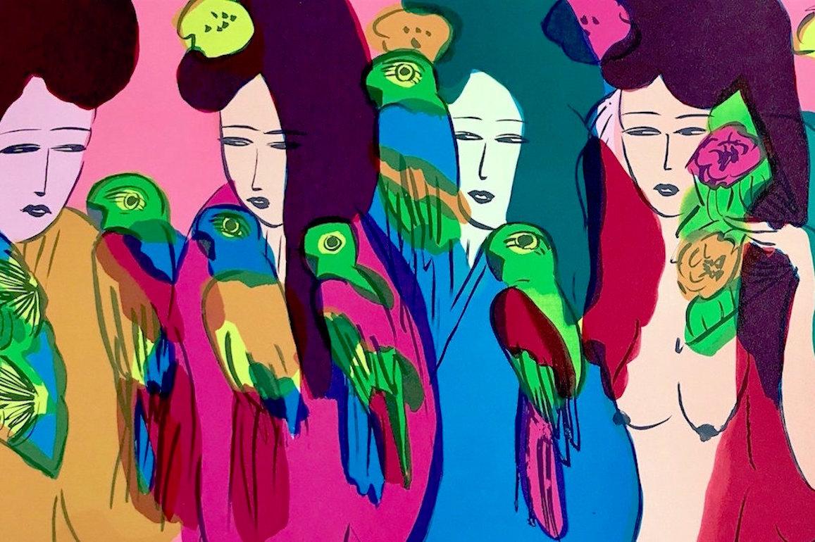 Signierte Lithographie „LADIES WITH PARROTS“, asiatische Frauen, Vögel, Fächer, Kimonos (Zeitgenössisch), Print, von Walasse Ting