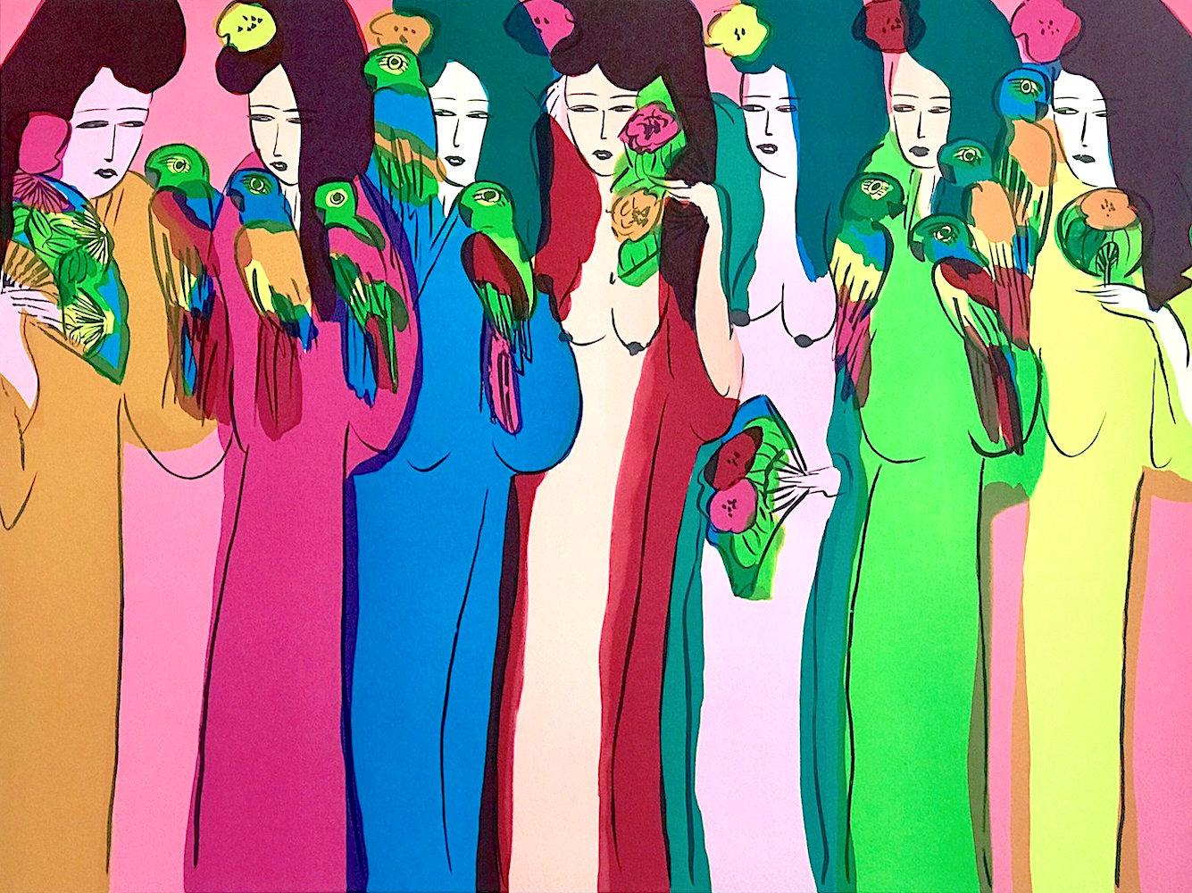 LADIES WITH PARROTS Signed Lithograph, Asian Women, Birds, Fans, Kimonos - Print by Walasse Ting