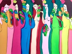 LADIES WITH PARROTS Signed Lithograph, Asian Women, Birds, Fans, Kimonos
