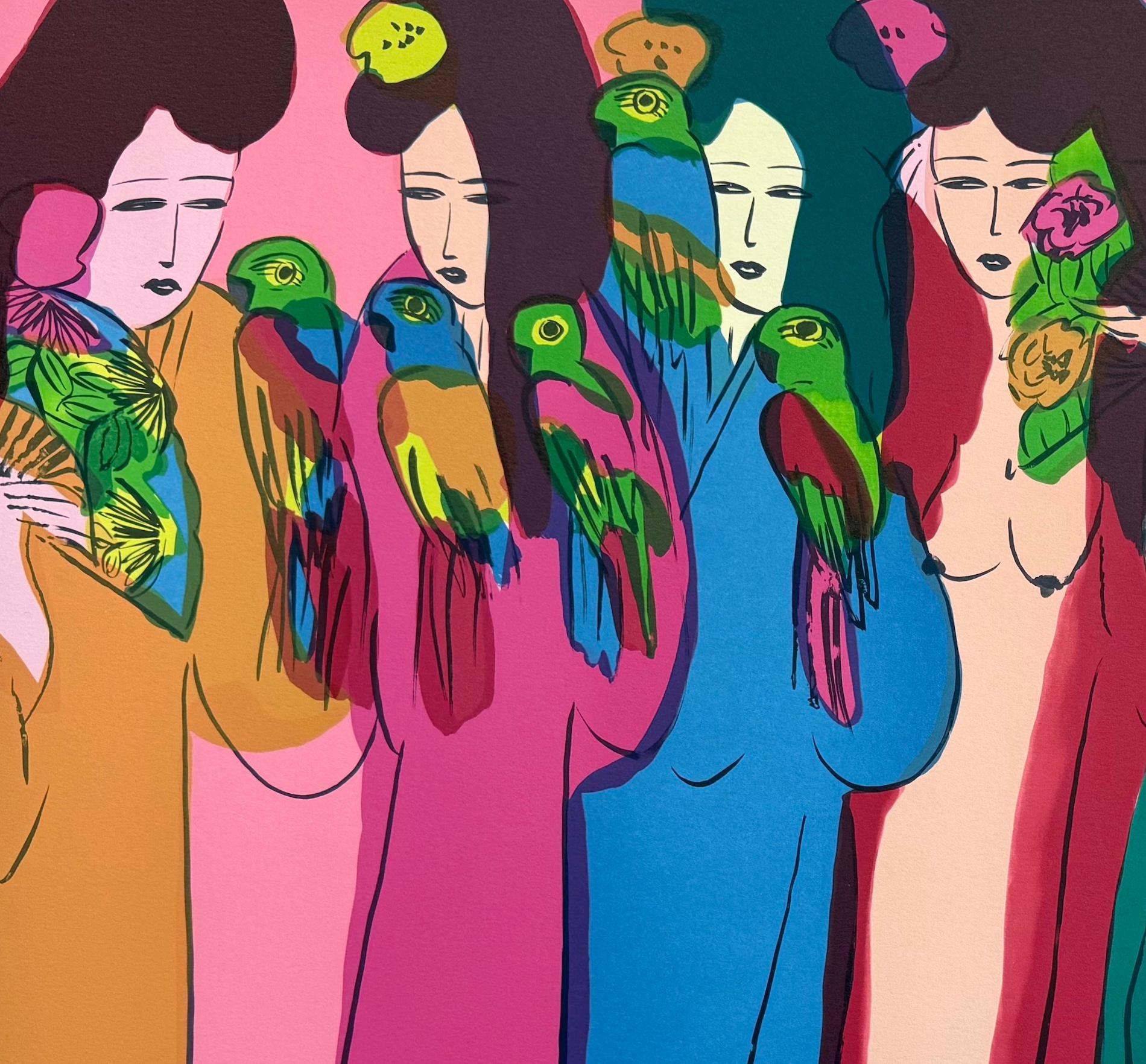 LADIES WITH PARROTS Signed Lithograph, Asian Women, Birds, Fans, Kimonos - Print by Walasse Ting
