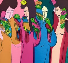 LADIES WITH PARROTS Signed Lithograph, Asian Women, Birds, Fans, Kimonos