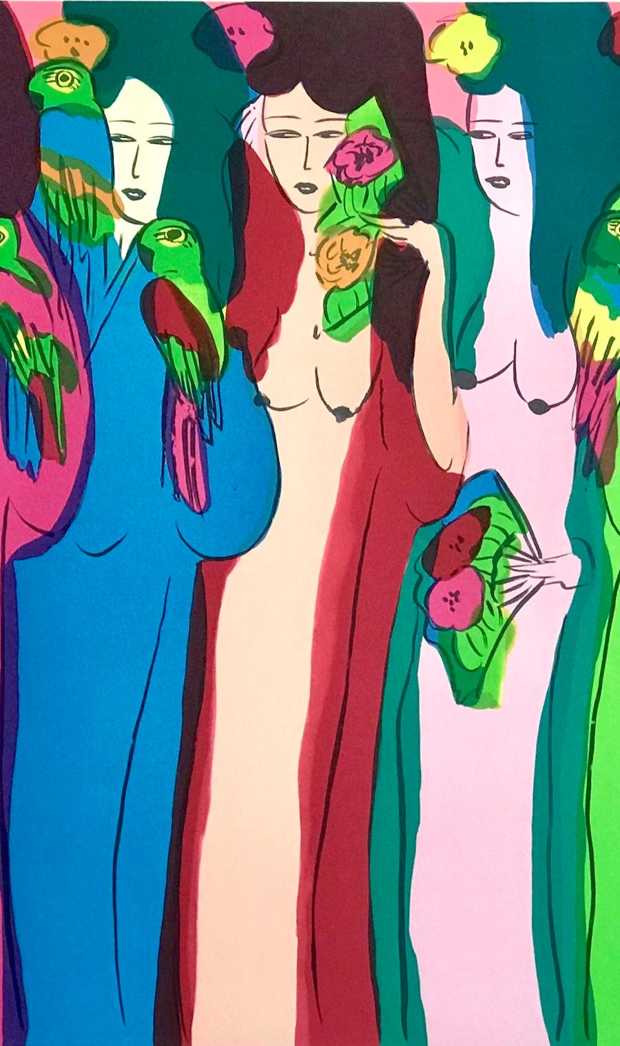 LADIES WITH PARROTS Signed Lithograph, Asian Women, Birds, Fans, Kimonos - Beige Nude Print by Walasse Ting