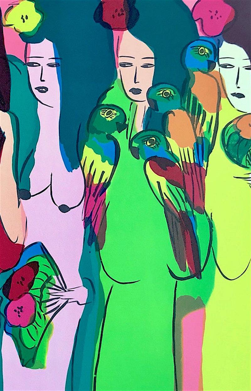 LADIES WITH PARROTS is an original hand drawn lithograph printed using hand lithography techniques on archival Somerset printmaking paper, 100% acid free by the renowned Chinese born artist Walasse Ting (DING XIONGQUAN, Chinese, 1929-2010). Ting's