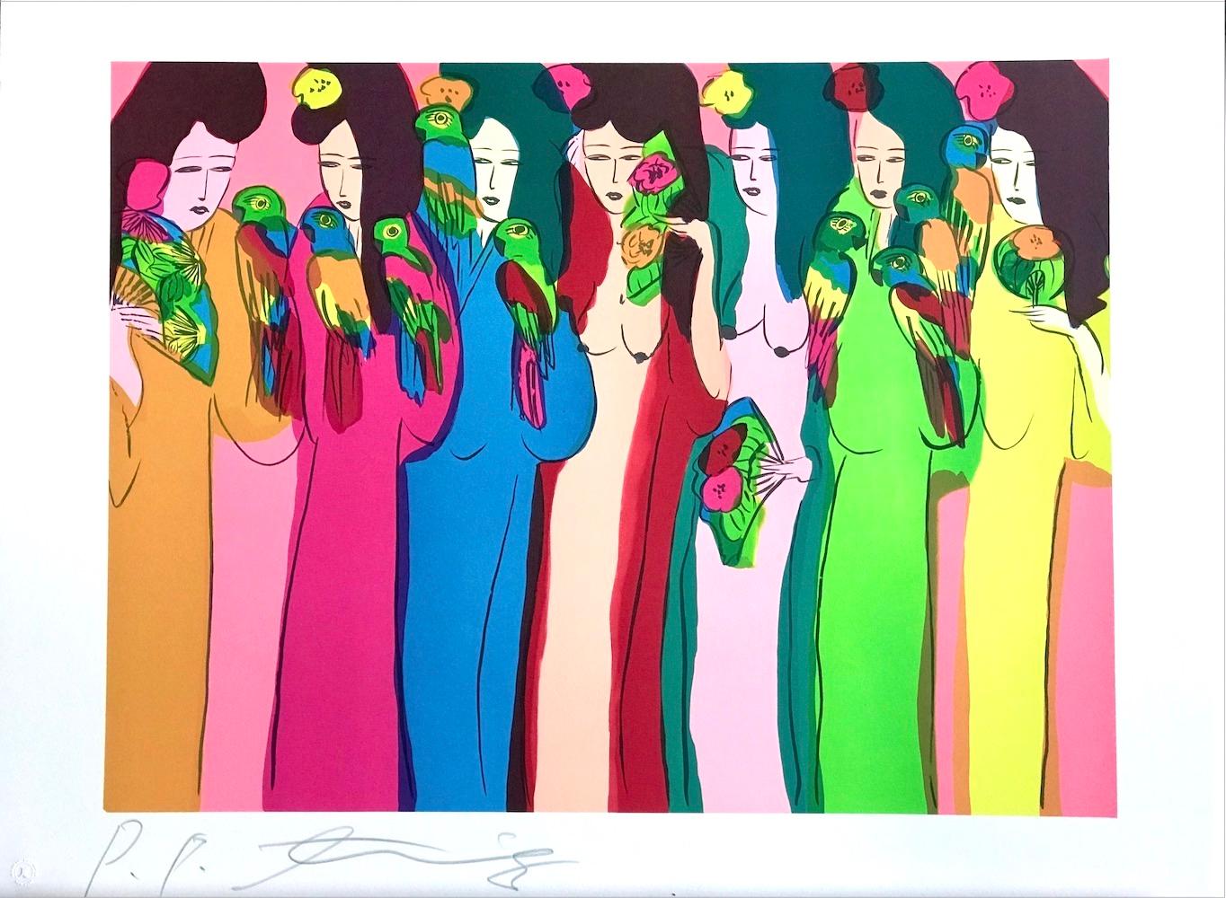 LADIES WITH PARROTS Signed Lithograph, Asian Women, Birds, Fans, Kimonos For Sale 2