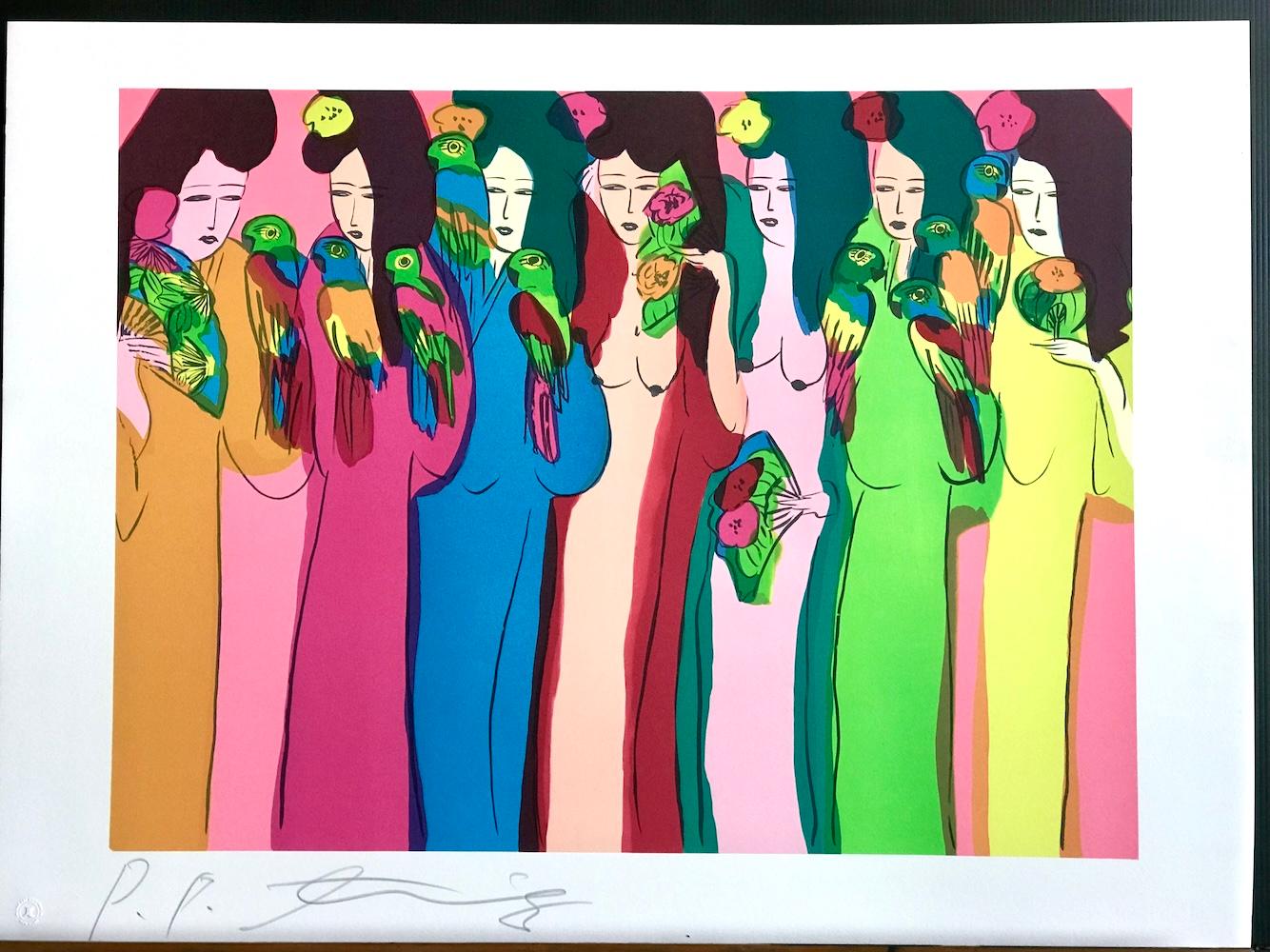 LADIES WITH PARROTS Signed Lithograph, Asian Women, Birds, Fans, Kimonos For Sale 3