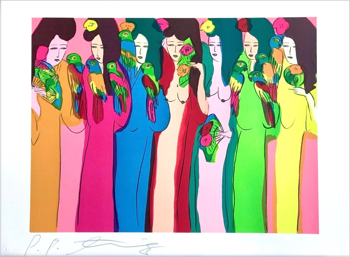 LADIES WITH PARROTS Litografia firmata, Donne asiatiche, uccelli, ventagli, kimono