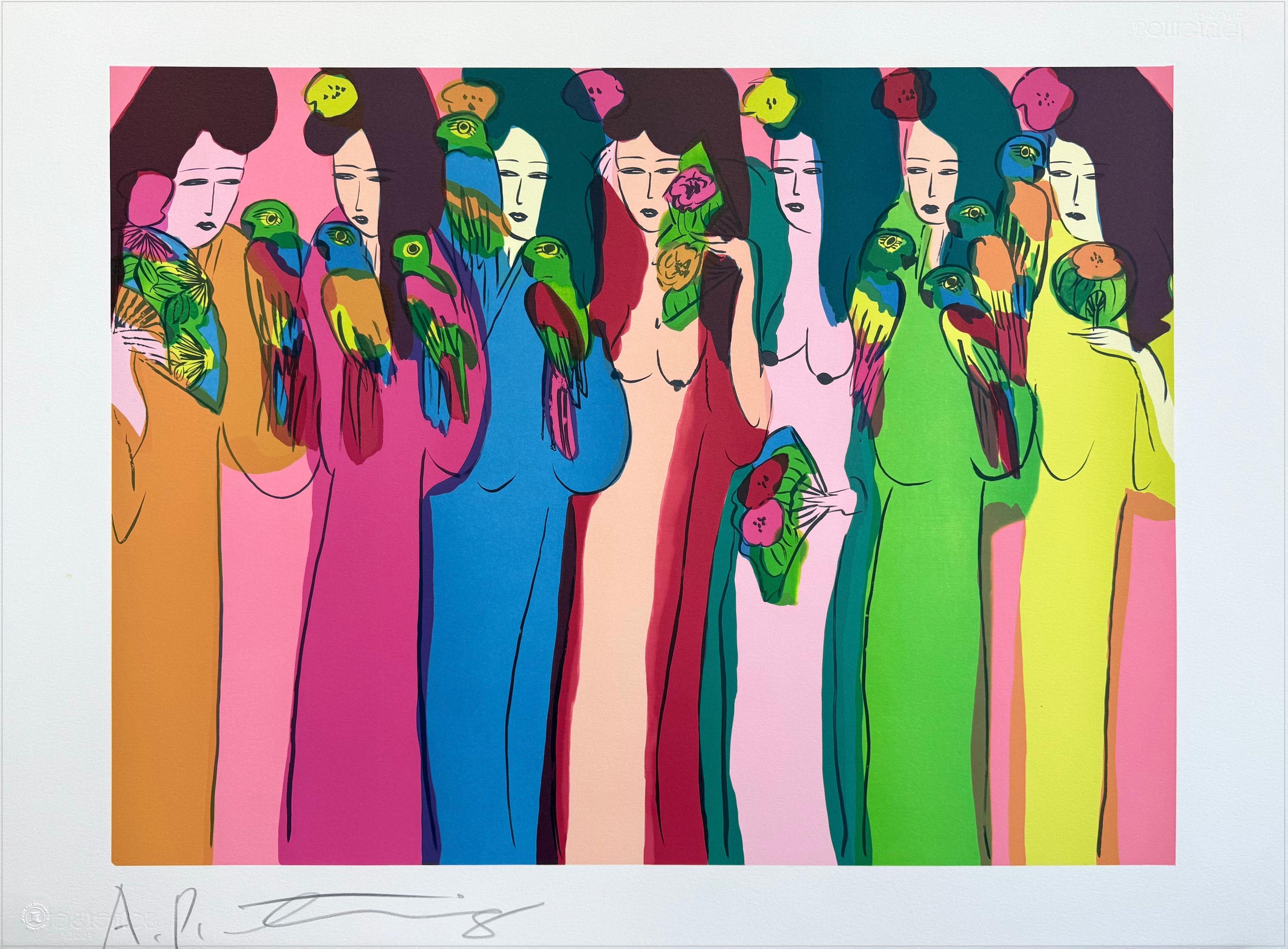 LADIES WITH PARROTS Signed Lithograph, Asian Women, Birds, Fans, Kimonos