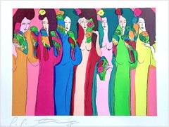 LADIES WITH PARROTS Signed Lithograph, Asian Women, Multicolor Parrots, Kimonos