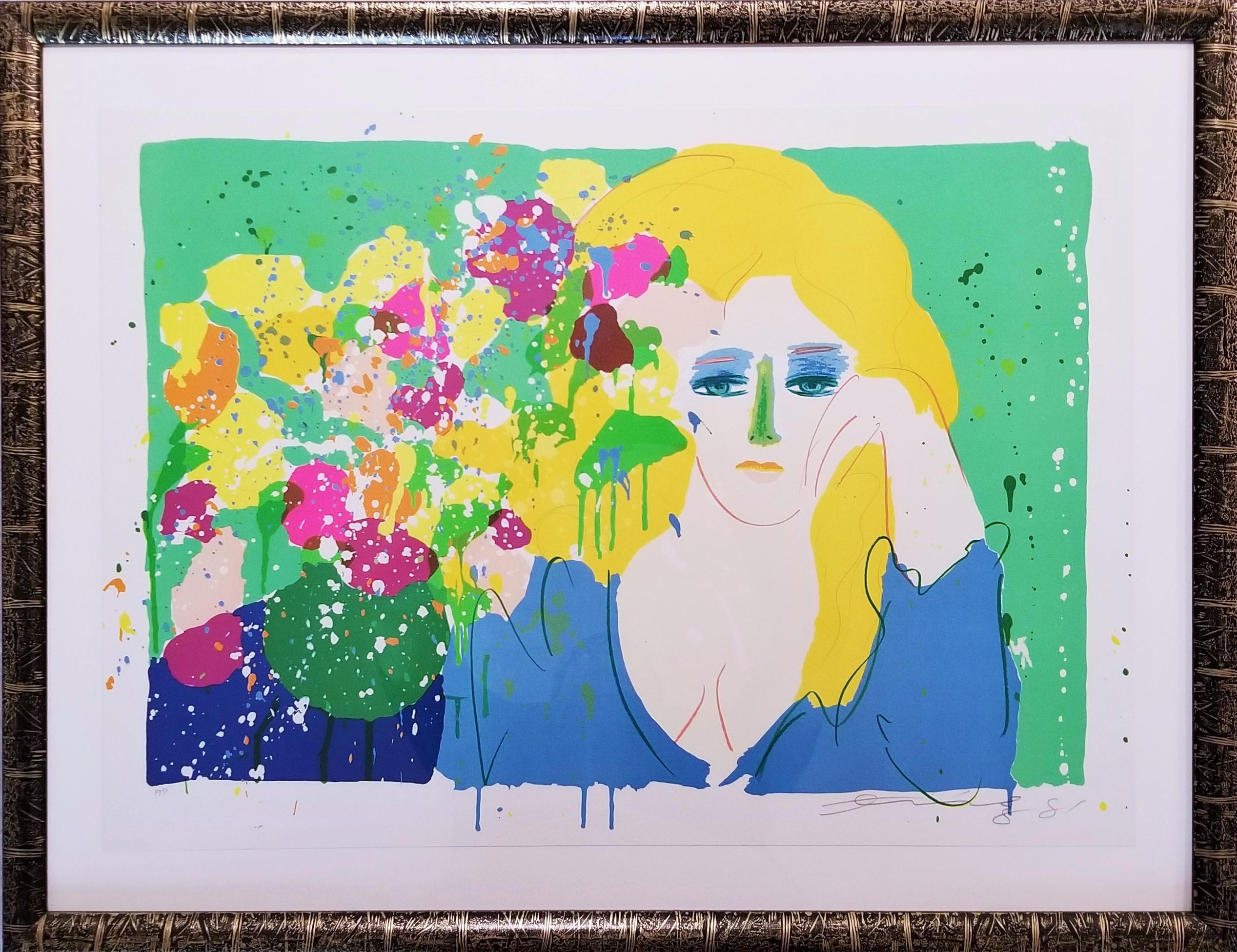 Dame au vase /// Pop Art Walasse Ting Femme Fleurs Art figuratif coloré en vente 1