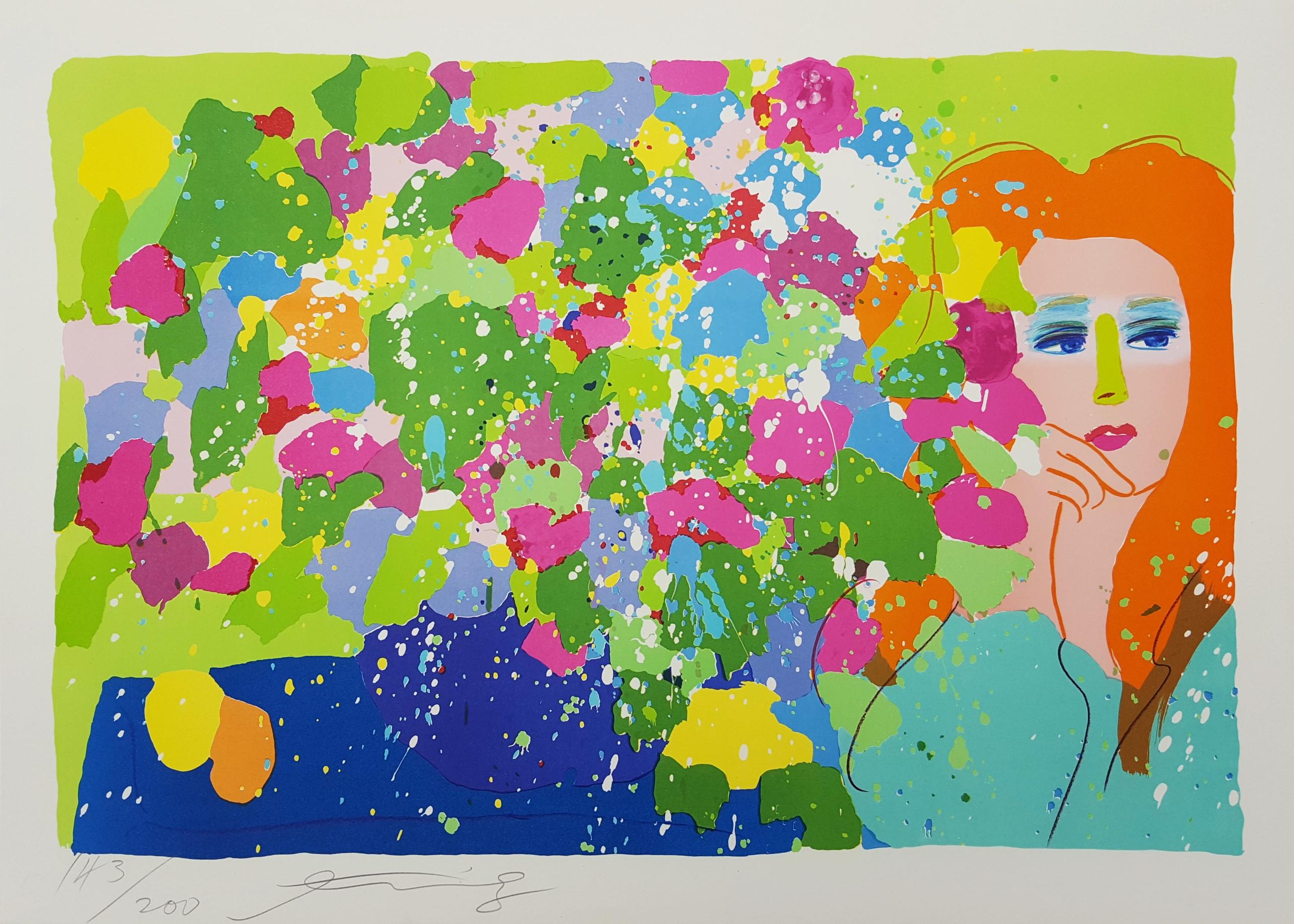 Lady with Flowers /// Pop Art Walasse Ting Buntes Mädchen Abstrakte Lithographie Kunst im Angebot 1
