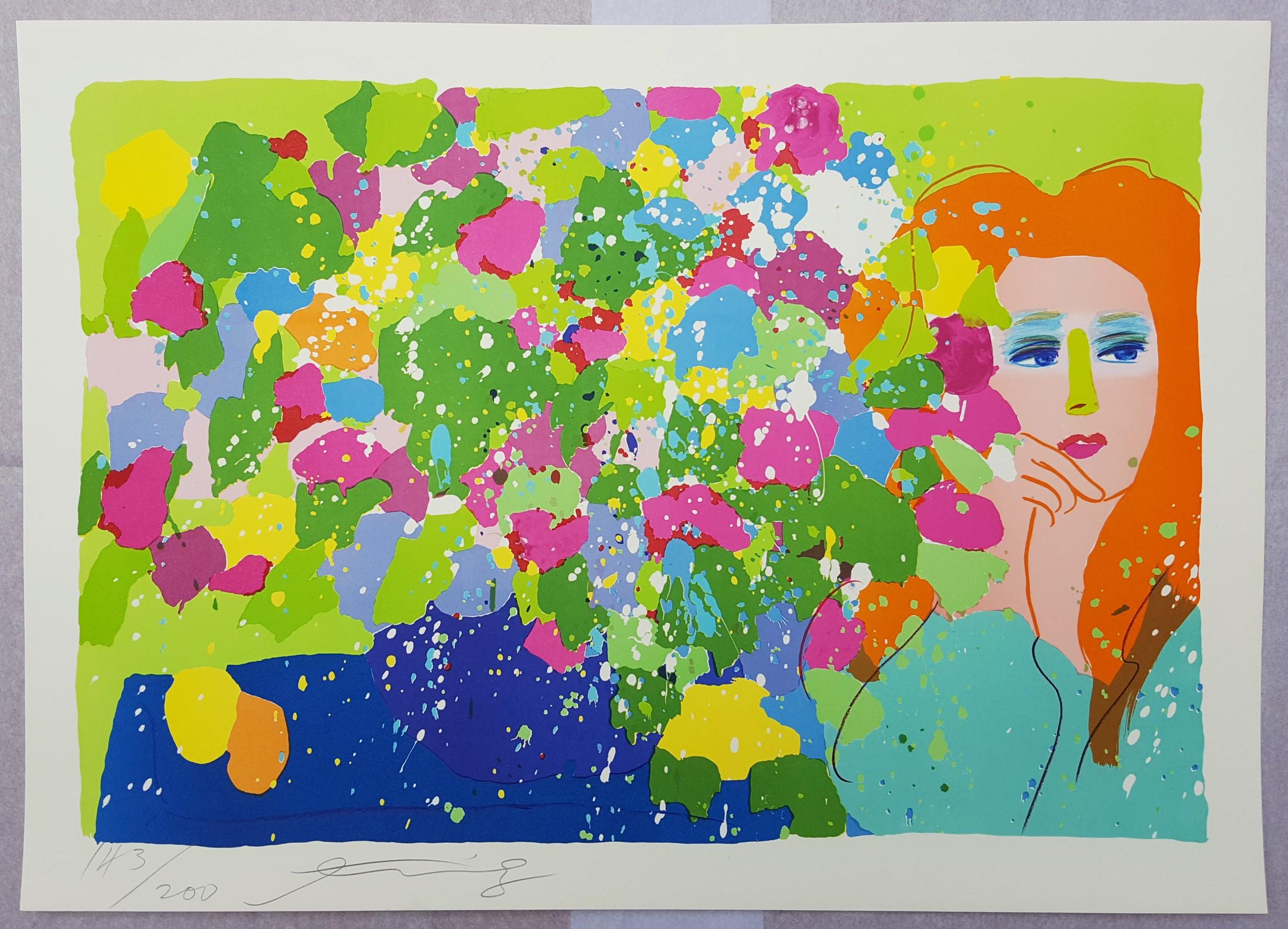 Lady with Flowers /// Pop Art Walasse Ting, lithographie abstraite colorée en vente 2