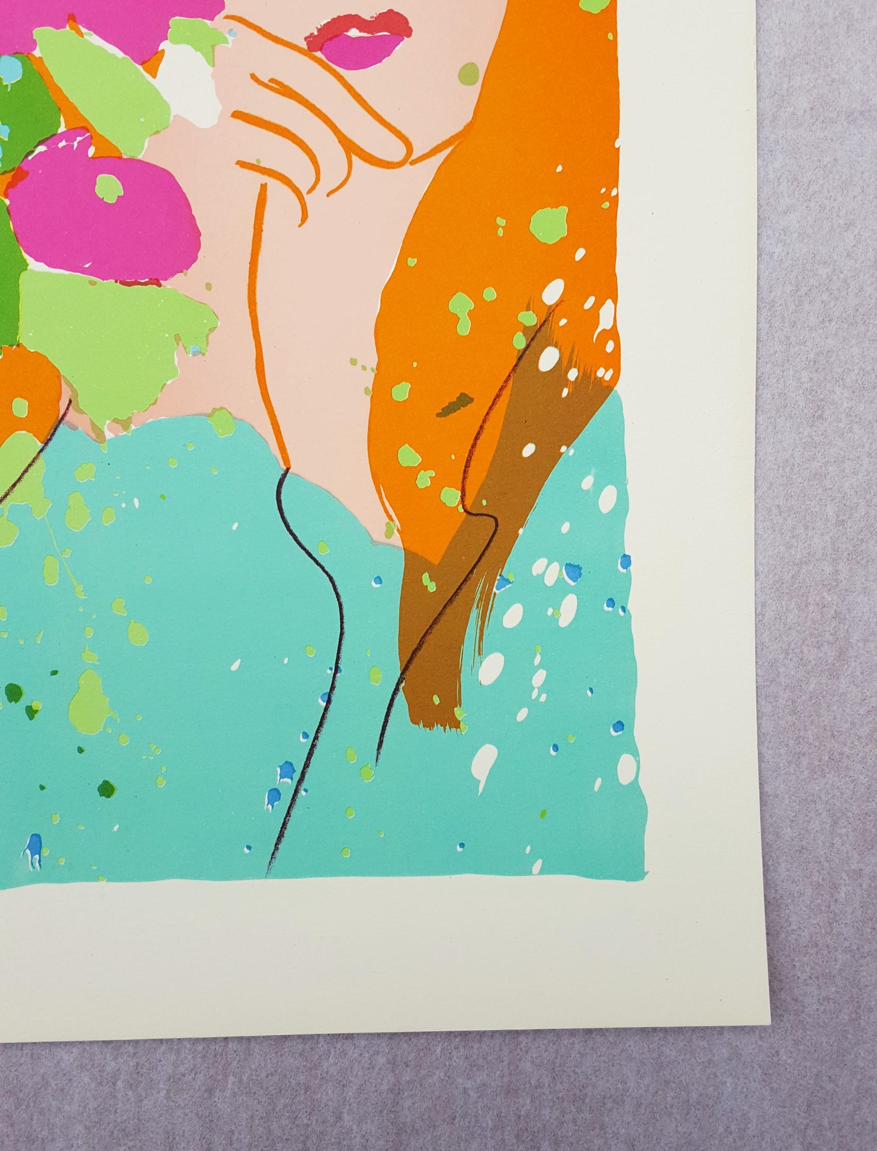 Lady with Flowers /// Pop Art Walasse Ting, lithographie abstraite colorée en vente 6