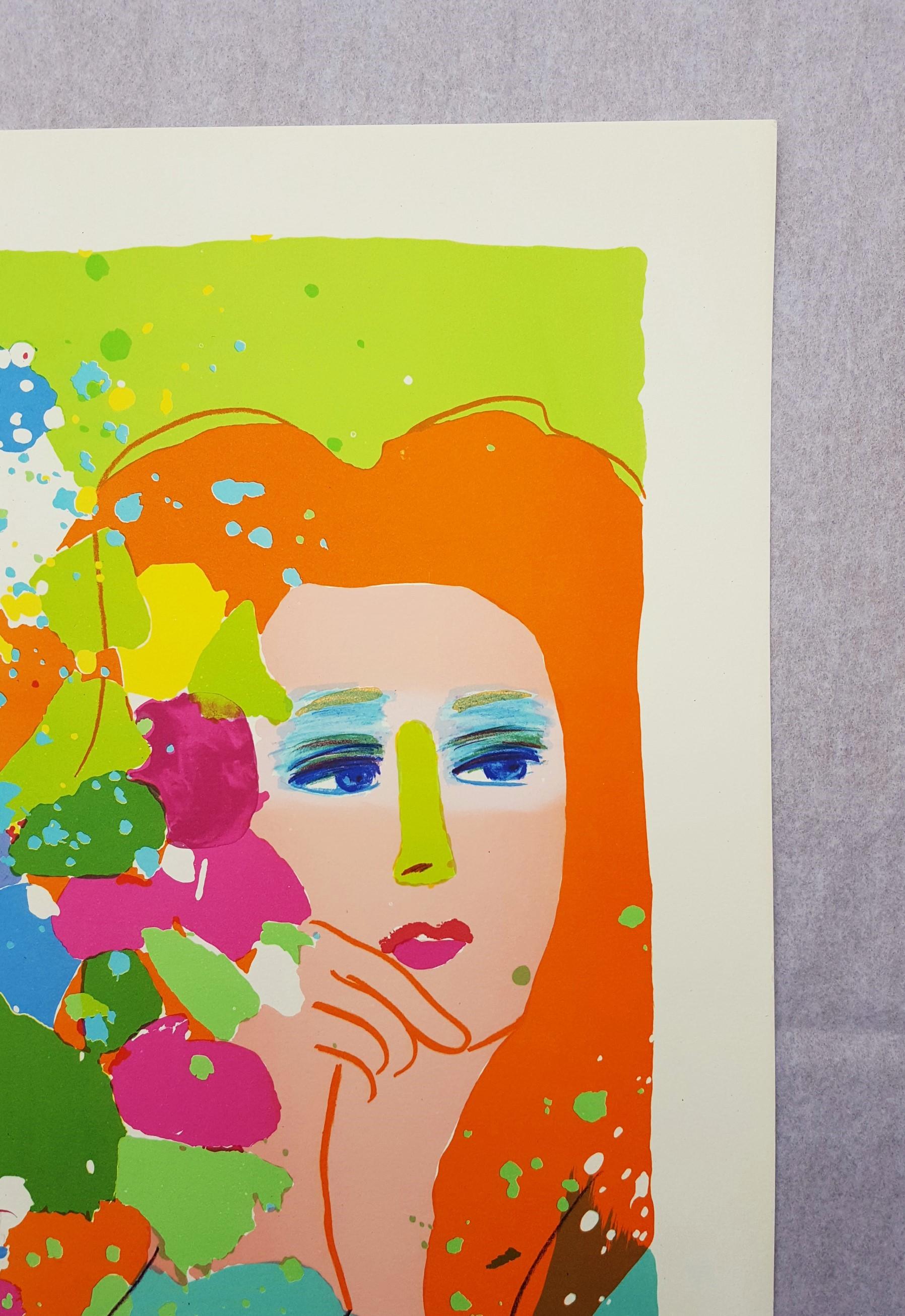 Lady with Flowers /// Pop Art Walasse Ting Colorful Girl Abstract Lithograph Art For Sale 5