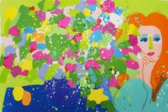 Lady with Flowers /// Pop Art Walasse Ting Colorful Girl Abstract Lithograph Art