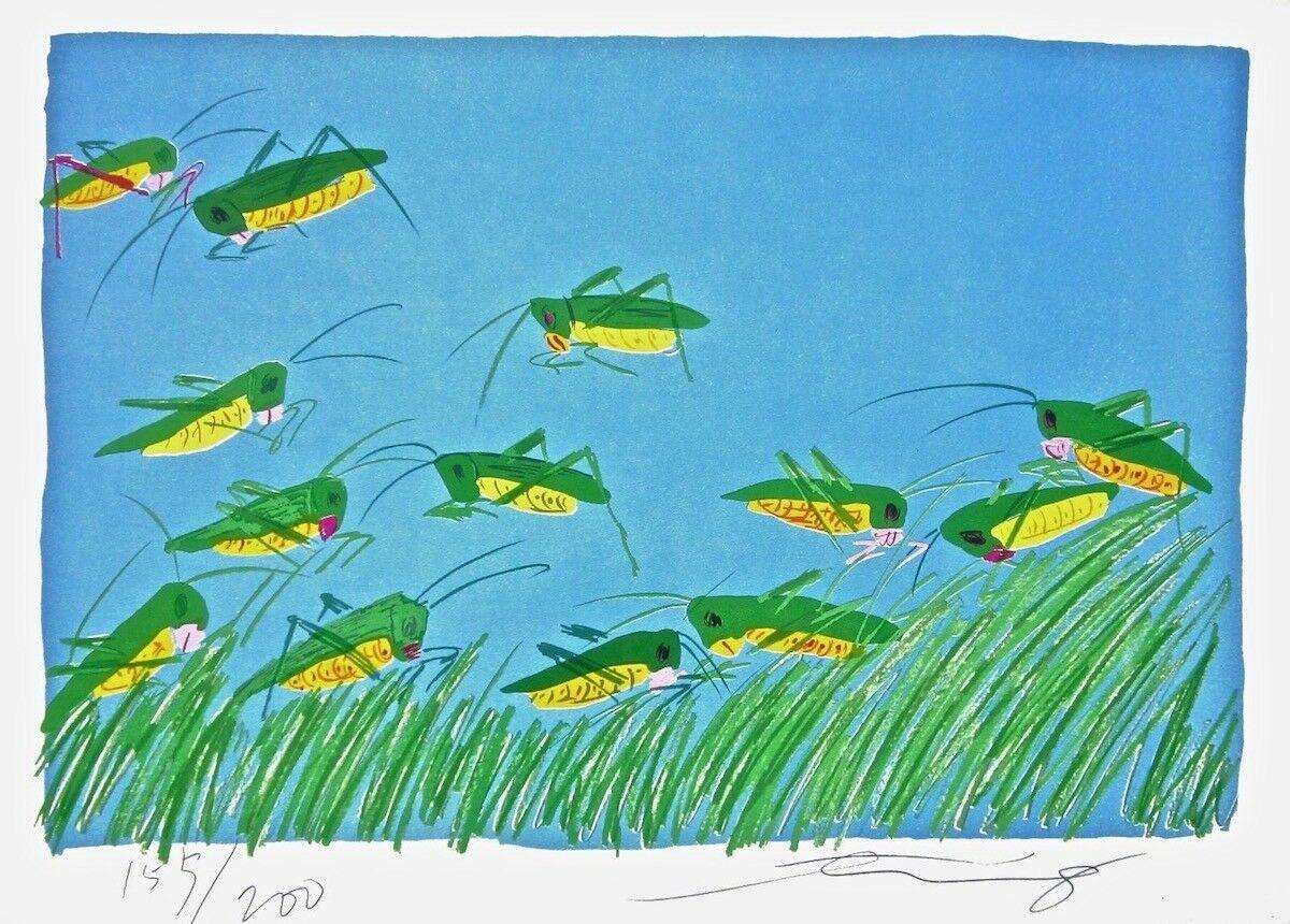 Walasse Ting Landscape Print - Lucky Grasshoppers