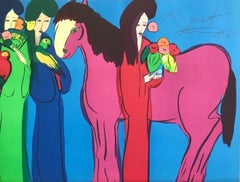 MAGENTA HORSE, THREE GEISHAS Original Lithograph, Asian Women, Horse, Parrots