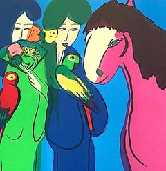 MAGENTA HORSE, THREE GEISHAS Original Lithograph, Asian Women, Parrots, Flowers