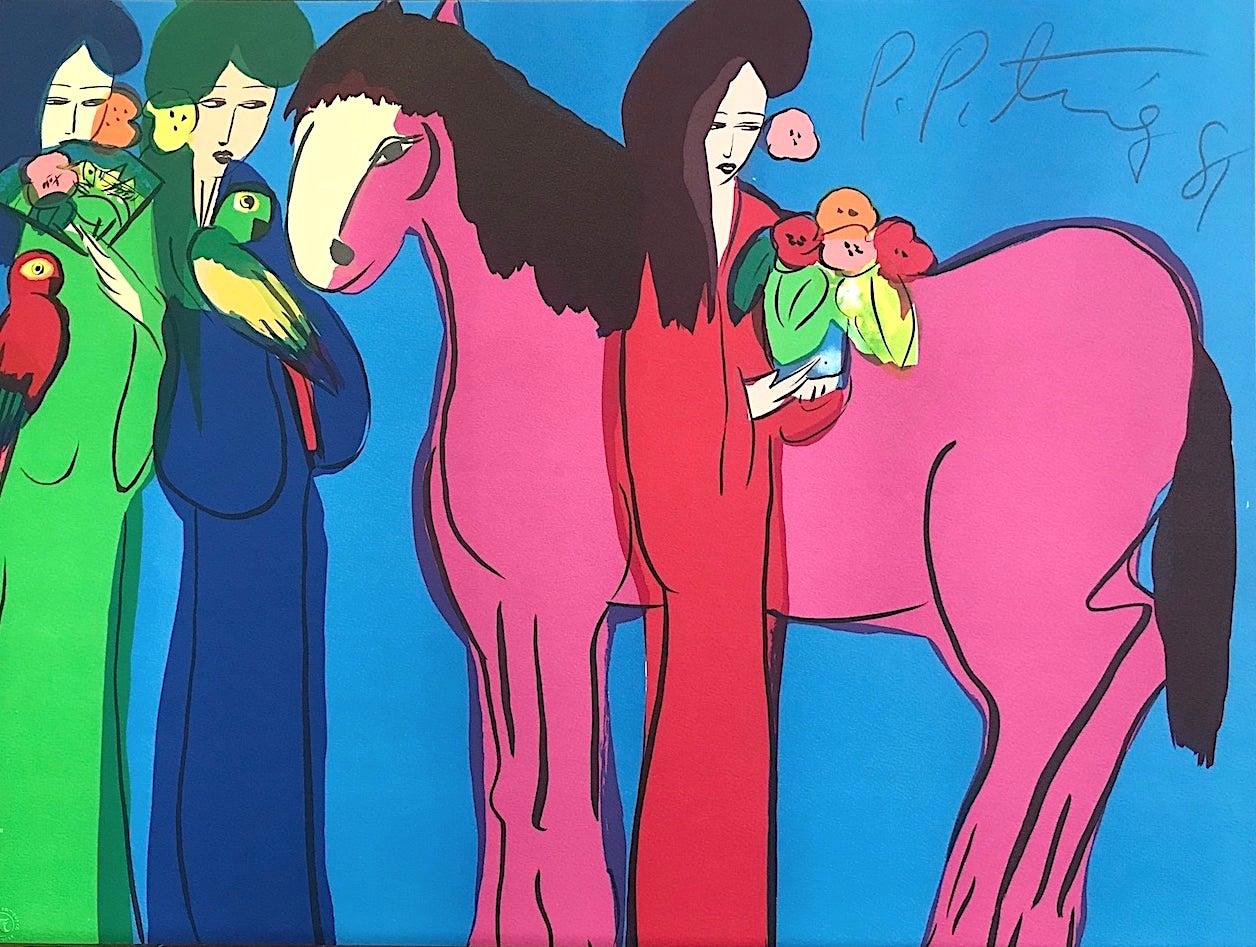 Walasse Ting Animal Print - MAGENTA HORSE, THREE GEISHAS Original Lithograph, Asian Women, Parrots, Flowers