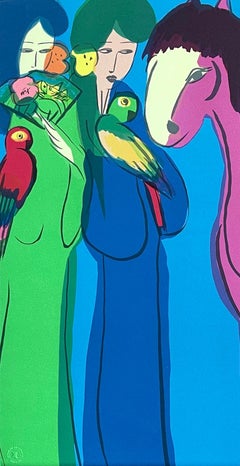 MAGENTA HORSE, THREE GEISHAS, signierte Lithographie, asiatische Frauen, Pferd, Papageien