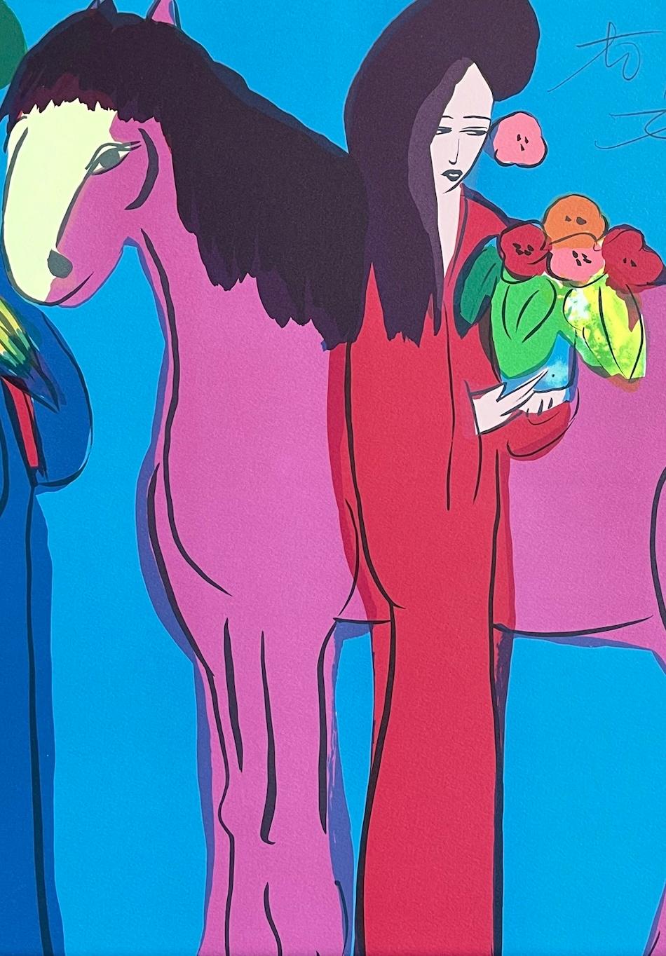 CABALLO MAGENTA, TRES GEISHAS Litografía firmada, Mujeres asiáticas, Caballo, Loros - Print Contemporáneo de Walasse Ting